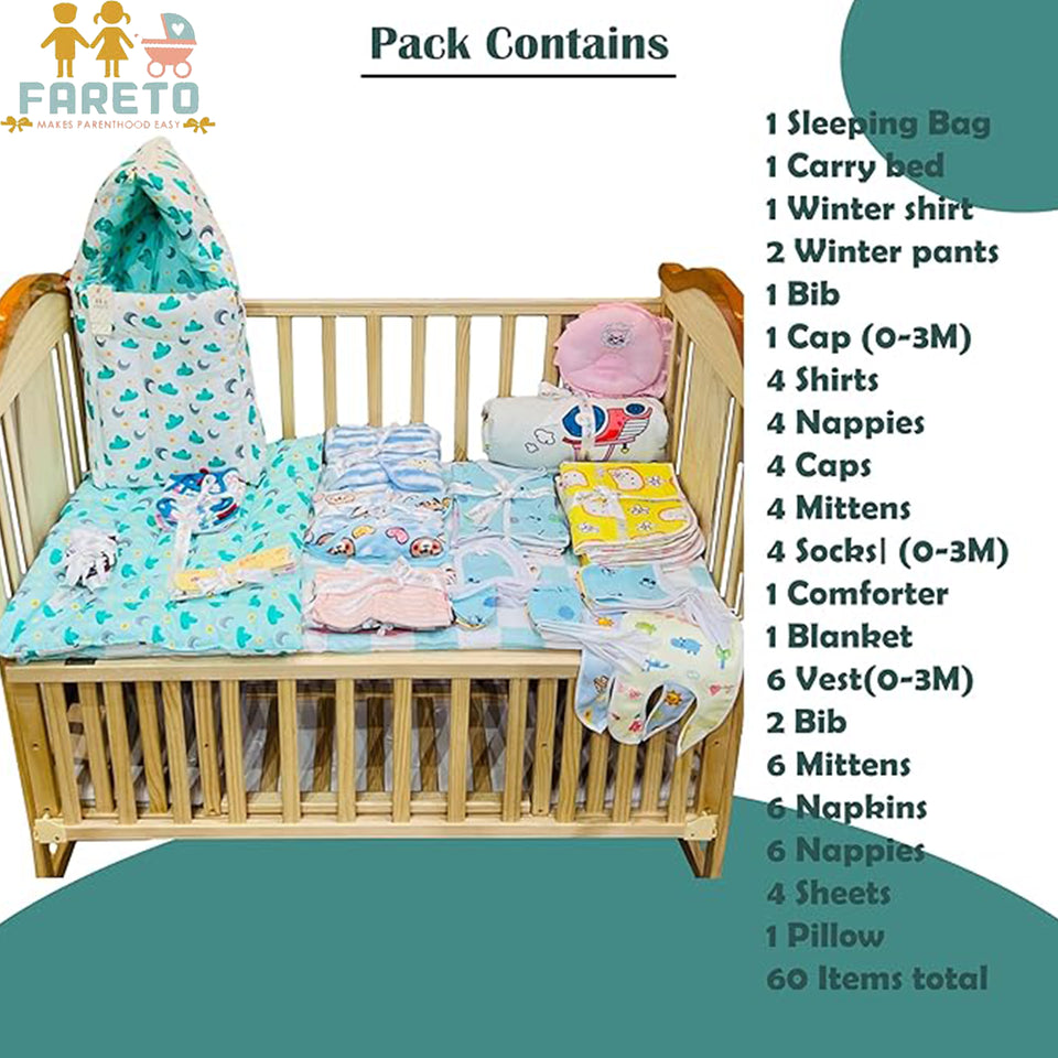 FARETO NEW BORN BABY MONSOON SEASON HOSPITAL ESSENTIALS PACK OF 60 ITEMS (0-6 MONTHS)