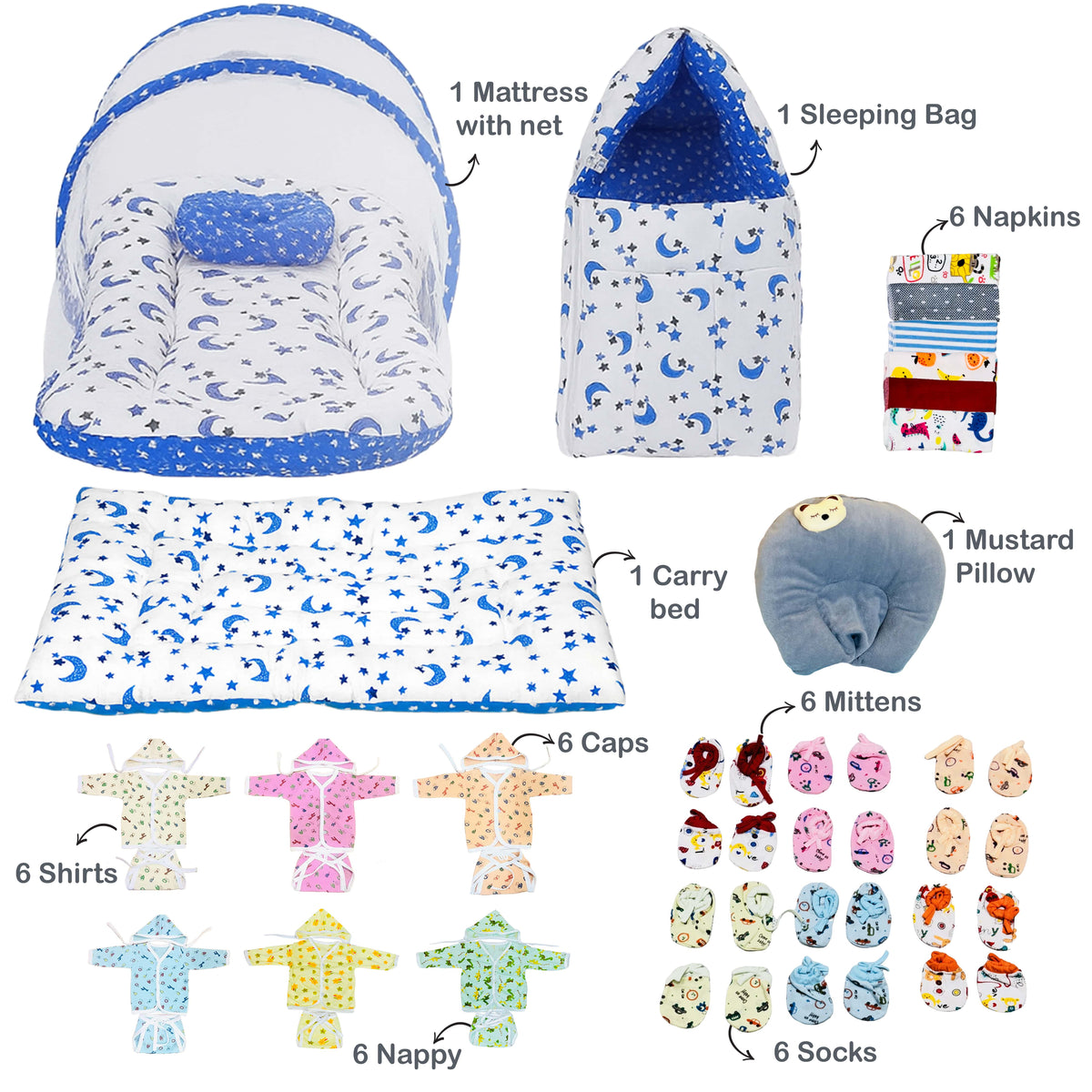FARETO NEW BORN BABY WINTER ESSENTIALS 64 IN NEW COMBO (0-6 MONTHS)(BLUE  MOON )(F482)