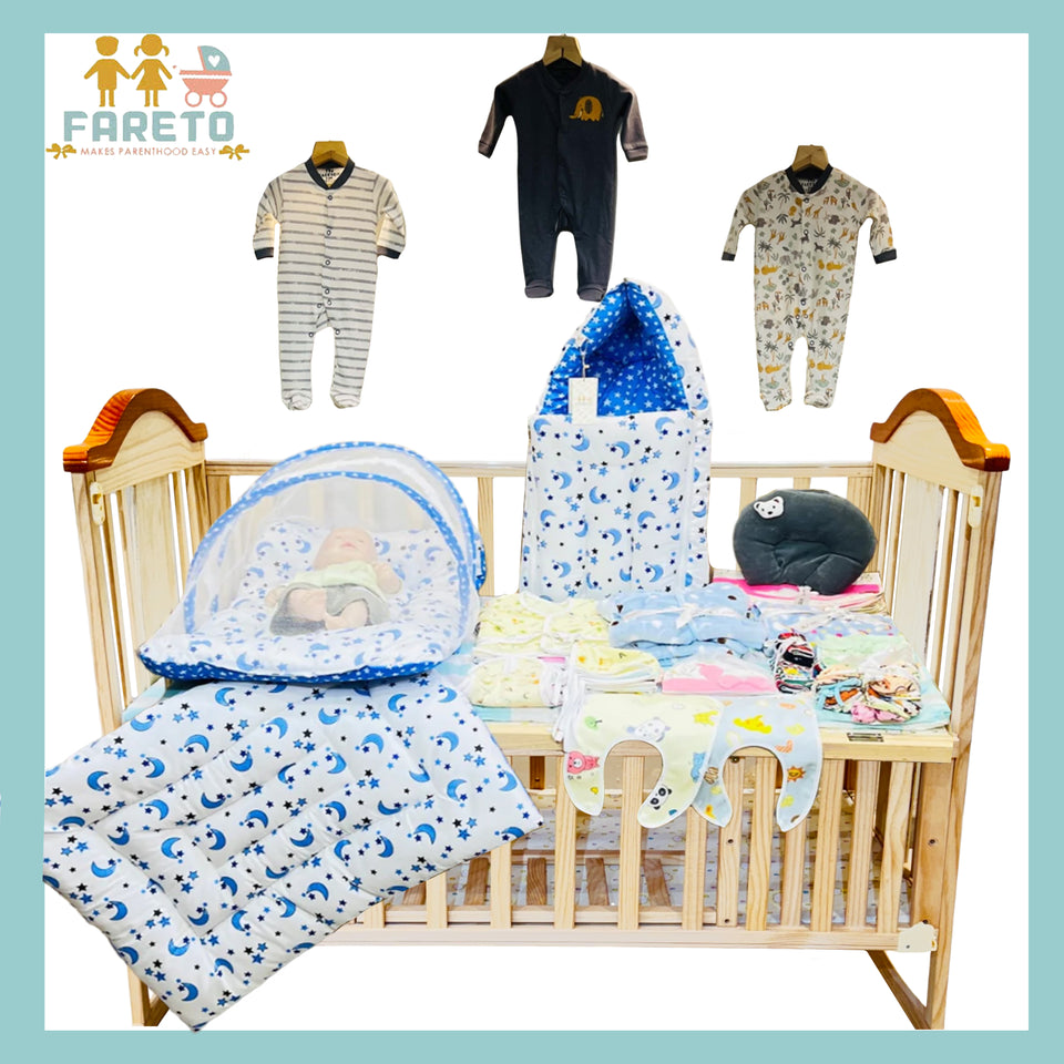 Fareto Baby Semi Winter Essential Combo For New Born | Gift Pack | Baby Products | Maternity Essentials  (66 Items)(0-6 Months)(BLUE MOON)
