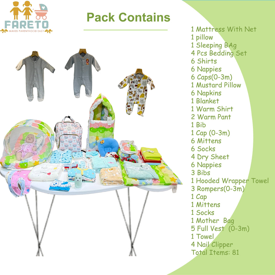 FARETO NEW BORN BABY MONSOON AND SEMI WINTER SEASON HOSPITAL ESSENTIALS 81 IN 1 (0-6 MONTHS)(F574)