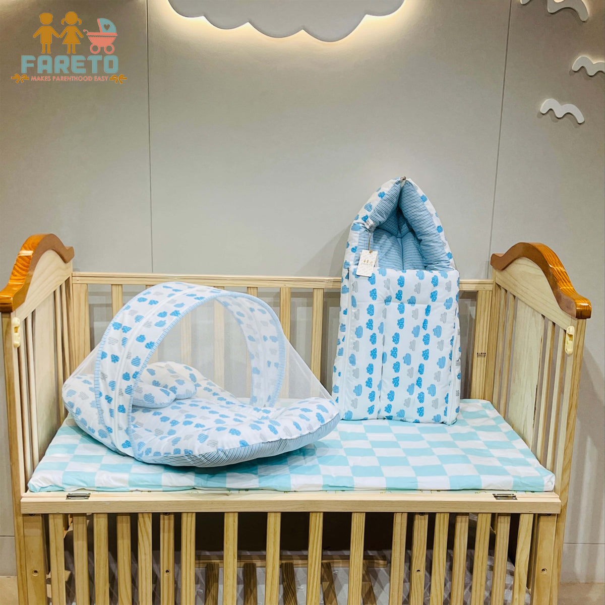 Fareto Complete Bedding Set essentials Combo For Baby (0-6 Months)(Cloud  Line Blue)