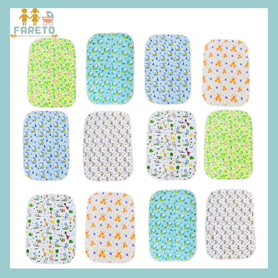 Fareto new born baby waterproof sheets with one side cloth(0-3Months)(Pack of 12)(Size: L-22Inchs, B-17Inchs)(Multicolored)