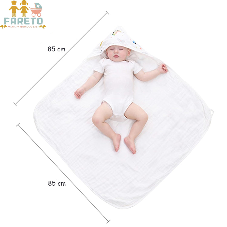 Fareto New Born Baby Muslin Hood Blanket Cum Baby Wrapper with Belt,Cotton,Organic,Super Soft,White,( Pack of 1 ) (0-1 Years )(85cm*85cm)