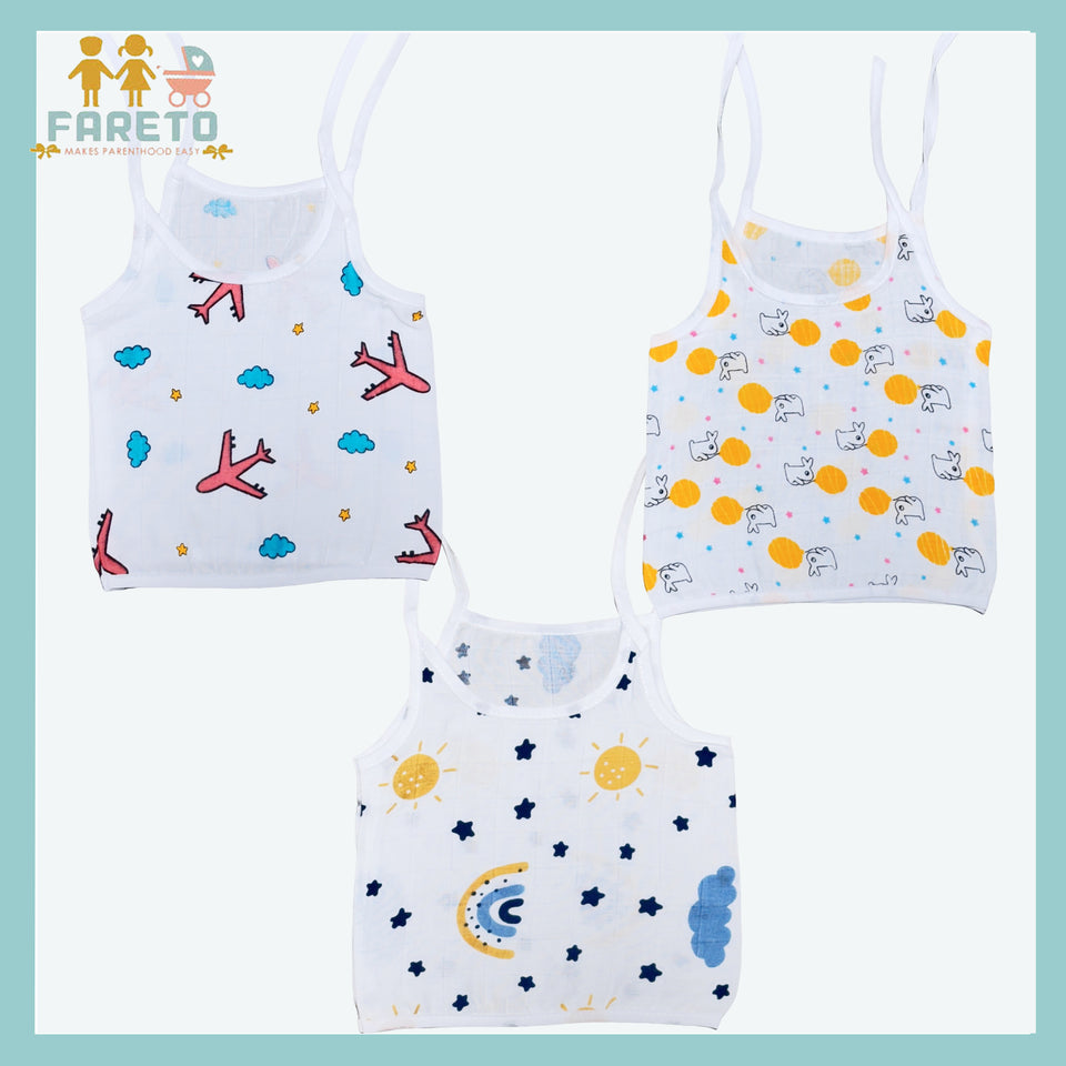 Fareto Organic Cotton Muslin Knot Jhablas for Baby | Summer Wear Sleeveless Aline Jhabla(Pack of 3)