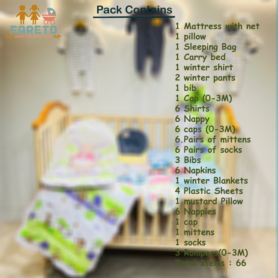 Fareto Baby Semi Winter Essential Combo For New Born | Gift Pack | Baby Products | Maternity Essentials  (66 Items)(0-6 Months)( GRASS GREEN GIFFI)