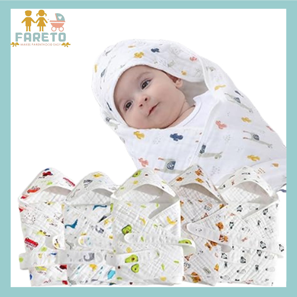 Fareto New Born Baby Muslin Hood Blanket Cum Baby Wrapper with Belt,Cotton,Organic,Super Soft,White,( Pack of 1 ) (0-1 Years )(85cm*85cm)