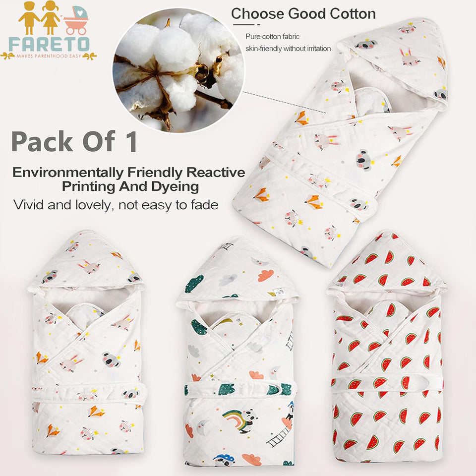 Fareto New Born Baby Muslin Hood Blanket Cum Baby Wrapper with Belt,Cotton,Organic,Super Soft,White,( Pack of 1 ) (0-1 Years )(85cm*85cm)