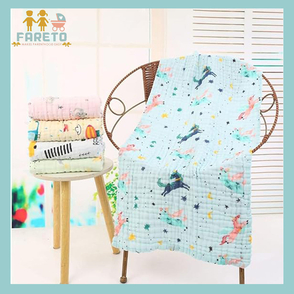 Fareto New Born Baby Muslin Bath Towel Organic Cotton 6 Layer, Eco-Conscious & Safe Printed Muslin Cloth Towels(Pack of 1) (50x100cm)
