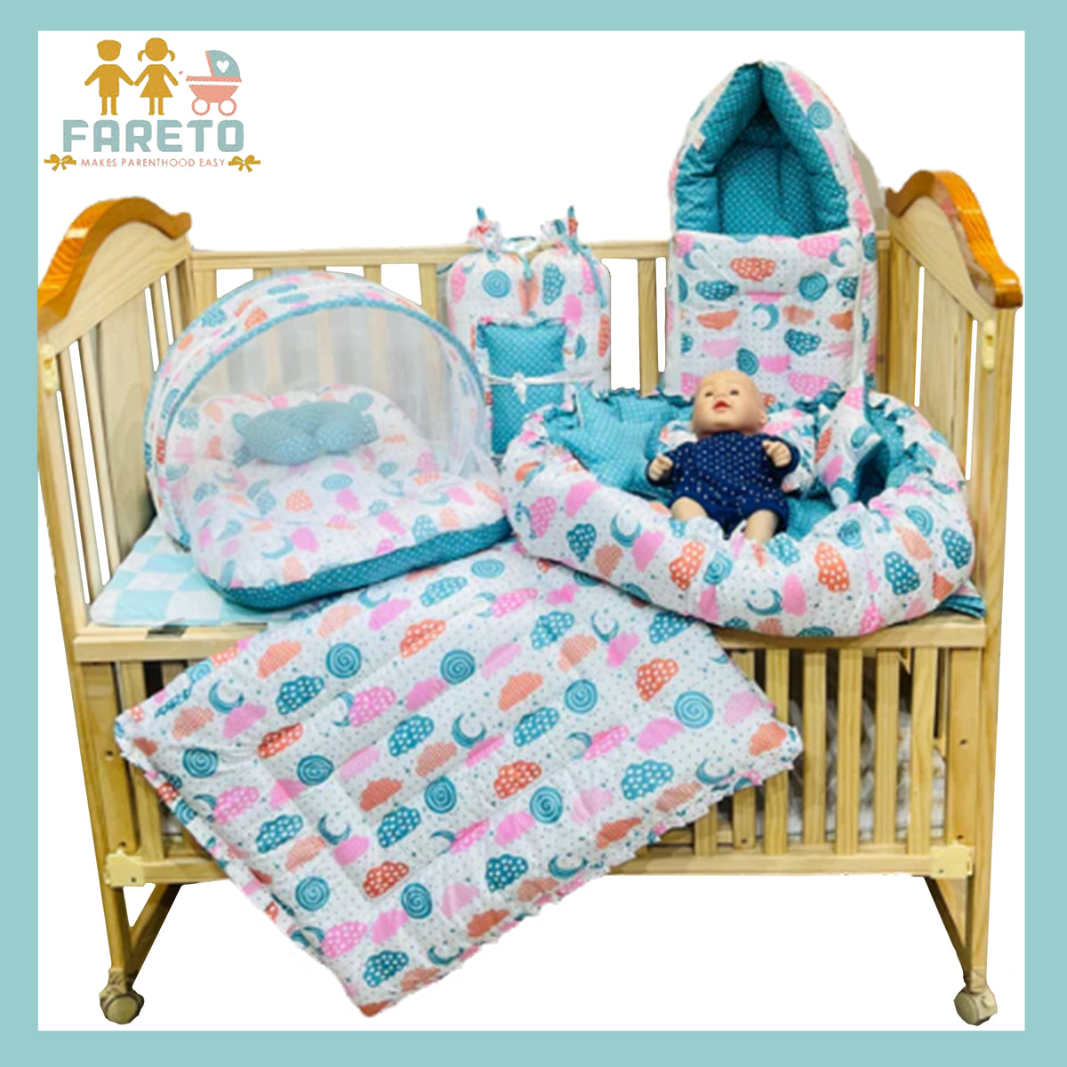 FARETO NEW BORN BABY FULL BEDDING SET COMBO (0-6 MONTHS)