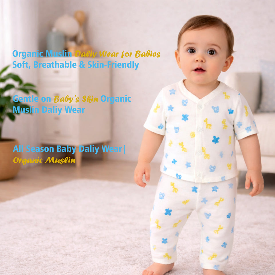 Fareto Baby Muslin Cotton Daily Wear Suit Set | Soft & Breathable Shirt + Pajama (Pack of 2) | 0-6 Months / Infant Boys & Girls(F615)