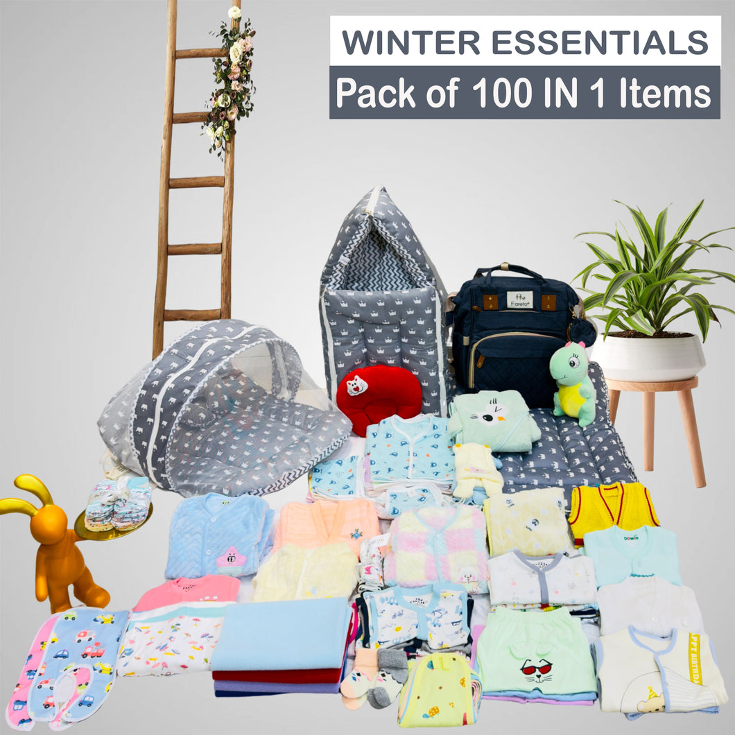 Fareto Baby Winter Essential Combo For New Born | Gift Pack | Baby Products | Maternity Essentials | Bedding Set (100 Items)(0-6 Months)