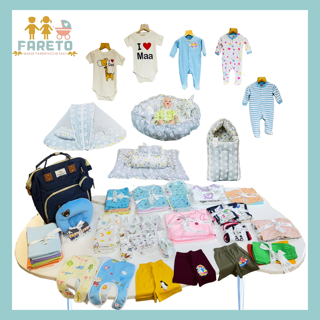 FARETO NEW BORN BABY PREMIUM QUALITY 101 SUMMER & MODERATE COMBO BABY ESSENTIALS ALL IN 1(0-6 MONTHS)