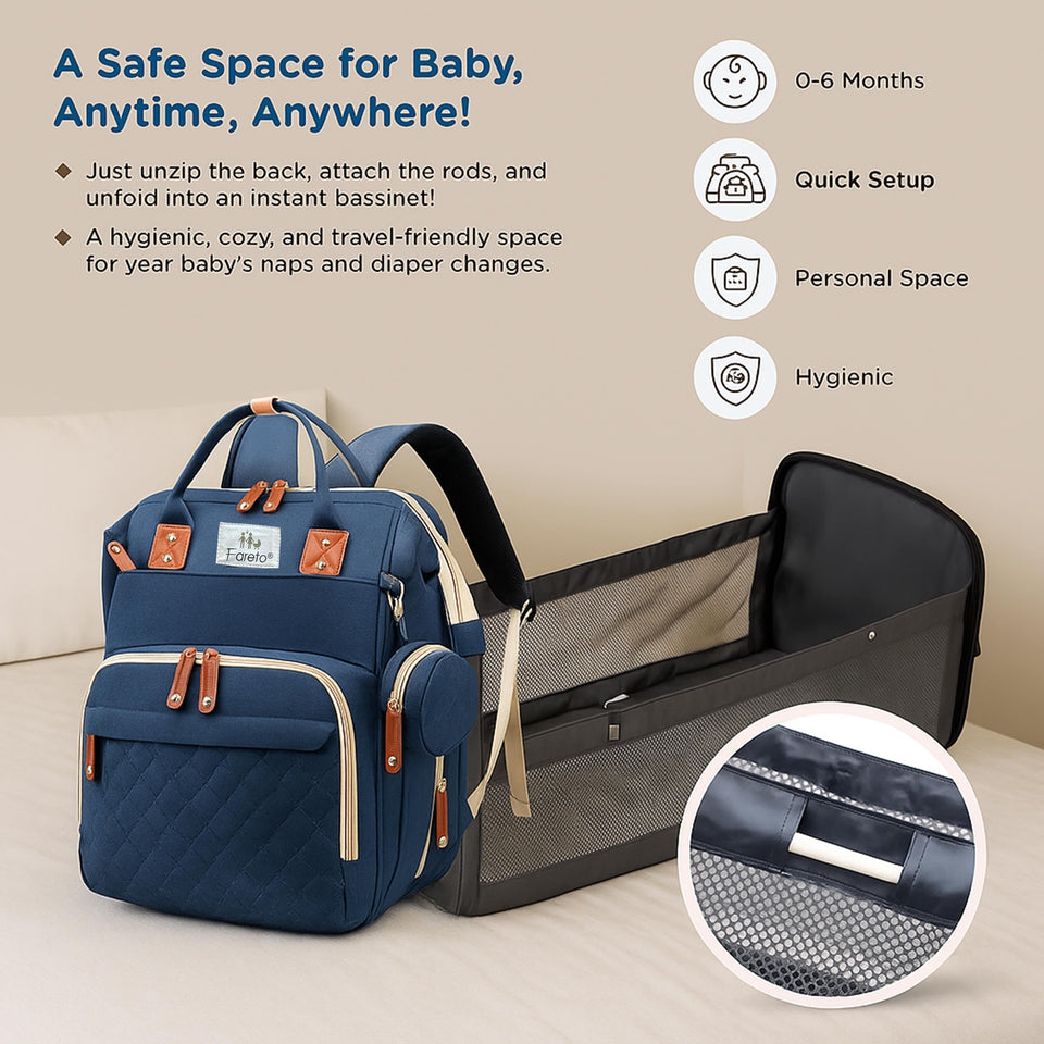 Fareto Premium Diaper Bag with Foldable Baby Bed & Changing Station – Large Capacity Waterproof Travel Backpack with Insulated Pockets & USB Port – Portable Maternity Bag for Moms & Dads