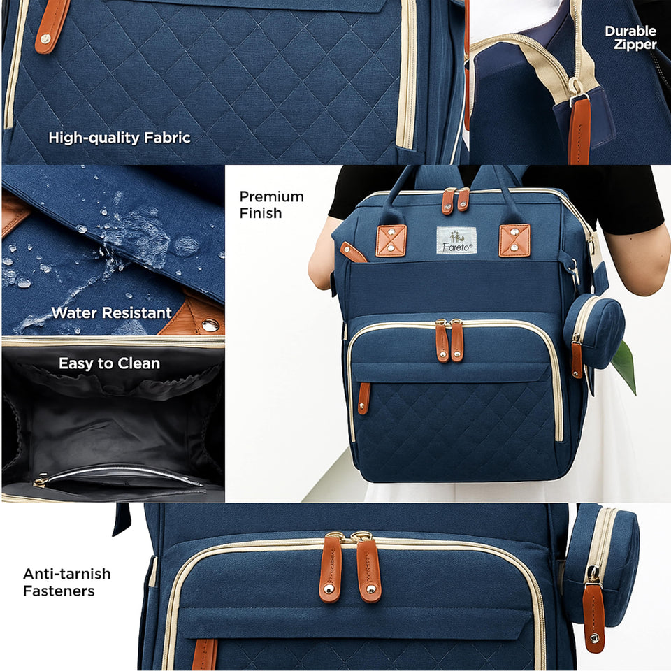 Fareto Premium Diaper Bag with Foldable Baby Bed & Changing Station – Large Capacity Waterproof Travel Backpack with Insulated Pockets & USB Port – Portable Maternity Bag for Moms & Dads