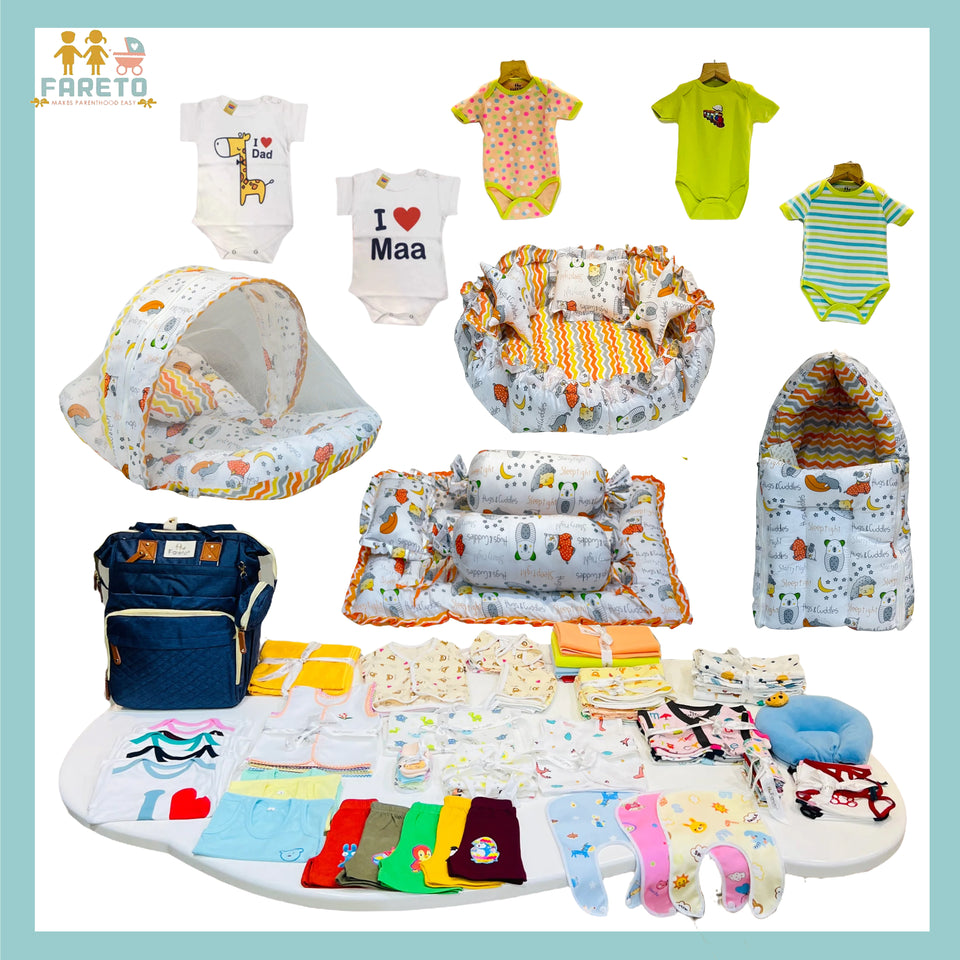 FARETO NEW BORN BABY PREMIUM QUALITY 101 SUMMER & MODERATE COMBO BABY ESSENTIALS ALL IN 1(0-6 MONTHS)(F552)