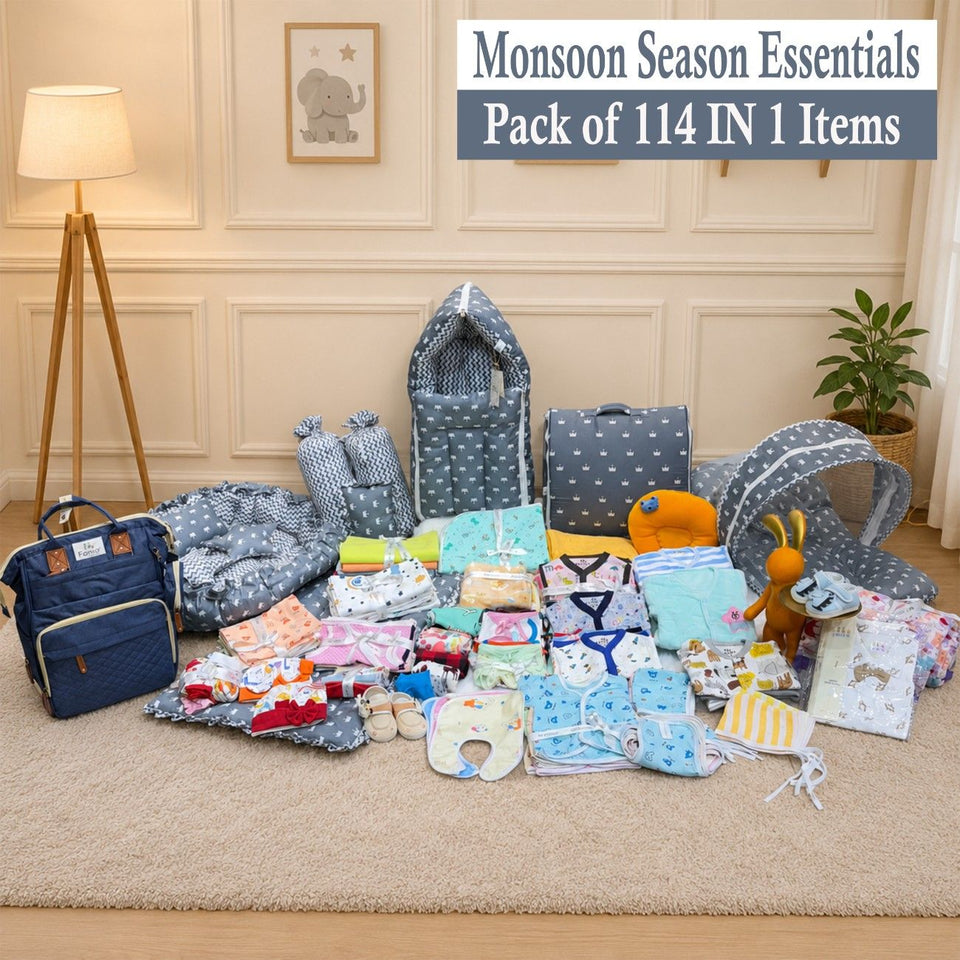 Fareto New Born Baby Premium Monsoon Season Hospital Essentials Kit 114 in 1 for Boys & Girls (0-6 Months) | Complete Newborn Care & Maternity Bag Set(F402)