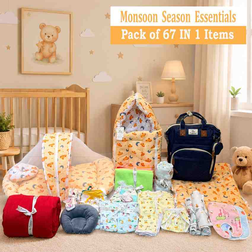 Fareto New Born Baby Premium Monsoon Season Hospital Essentials Kit 67 in 1 for Boys & Girls (0-6 Months) | Complete Newborn Care & Maternity Bag Set (0-6 MONTHS)(F369)