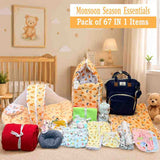 Fareto New Born Baby Premium Monsoon Season Hospital Essentials Kit 67 in 1 for Boys & Girls (0-6 Months) | Complete Newborn Care & Maternity Bag Set (0-6 MONTHS)(F369)