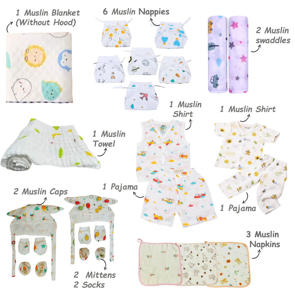 Fareto Baby Boy's & Girl's Summer Hospital Essential Combo for New Born | Gift Pack | Baby Products | Maternity Essentials | Bedding Set (116 Items)(0-6 Months)(F740)