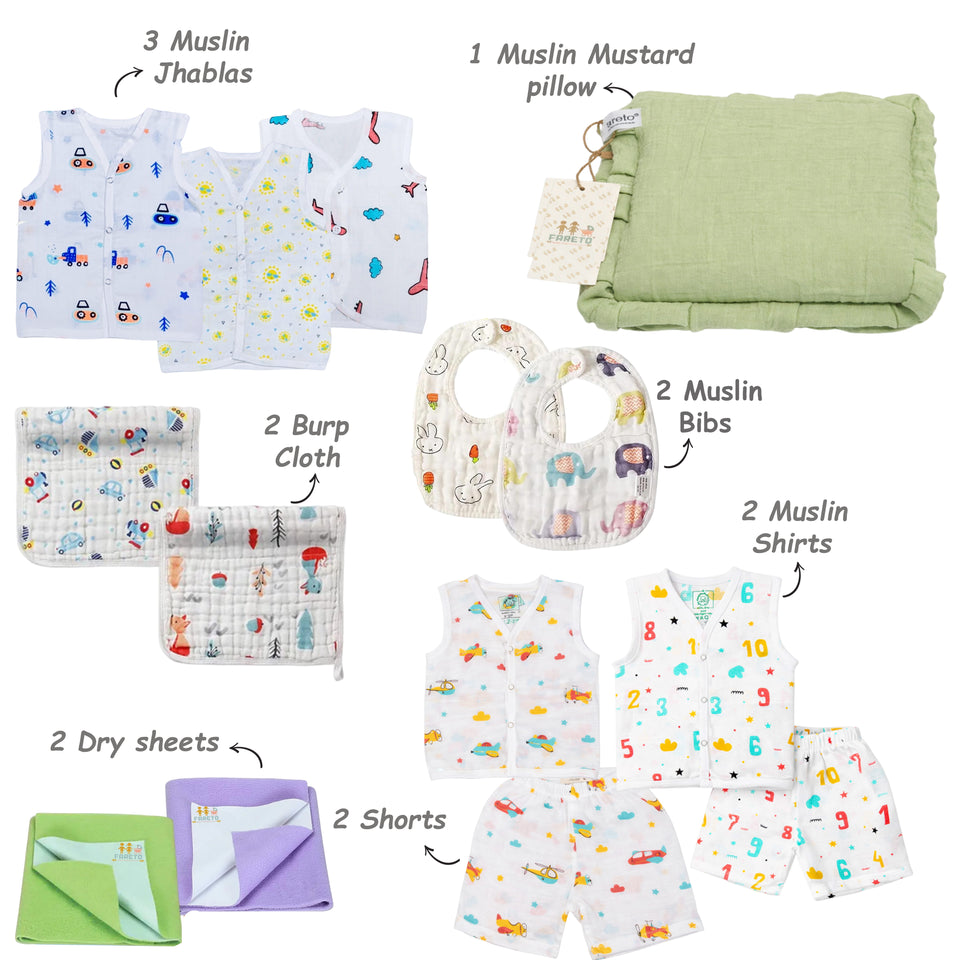 Fareto New Born Baby Organic Muslin Summer Essentials Combo Set 43 In 1  Baby Bedding & Clothing Combo Set For Muslin (0-6 Months )(F743)