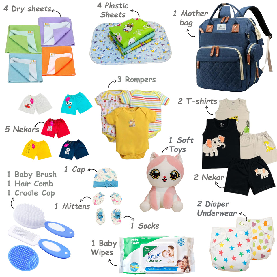 Fareto Baby Boy's & Girl's Summer Hospital Essential Combo for New Born | Gift Pack | Baby Products | Maternity Essentials | Bedding Set (116 Items)(0-6 Months)(F740)