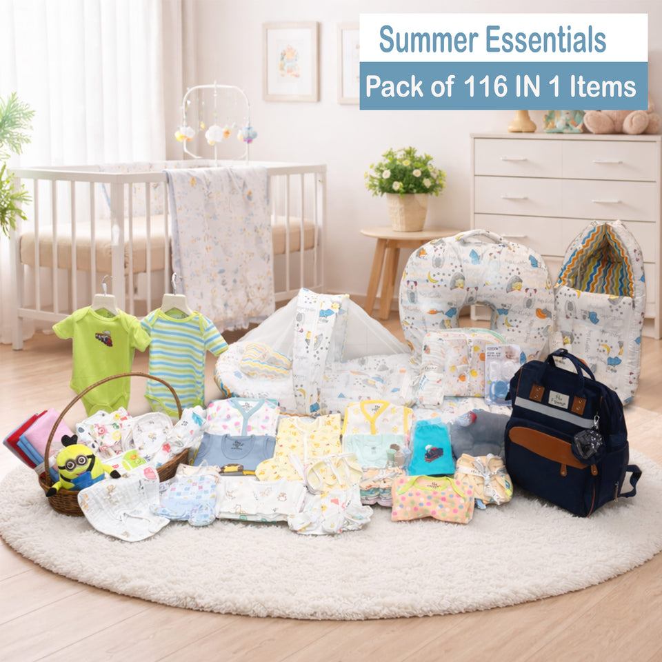 Fareto Baby Boy's & Girl's Summer Hospital Essential Combo for New Born | Gift Pack | Baby Products | Maternity Essentials | Bedding Set (116 Items)(0-6 Months)(F740)