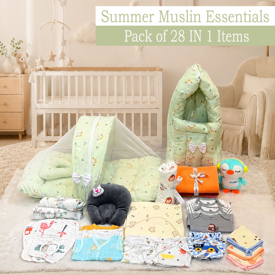 Fareto New Born Baby Organic Muslin Cotton Combo Set 28 In 1 (0-6 Months)Baby Bedding & Clothing Combo Set For Muslin(F753)