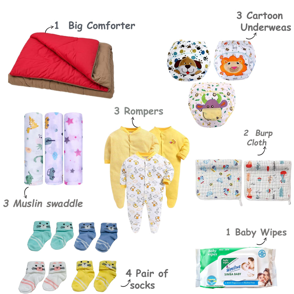 Fareto Baby Semi Winter Essential Combo For New Born | Gift Pack | Baby Products | Maternity Essentials | Bedding Set (122 Items)(0-6 Months)(F602)