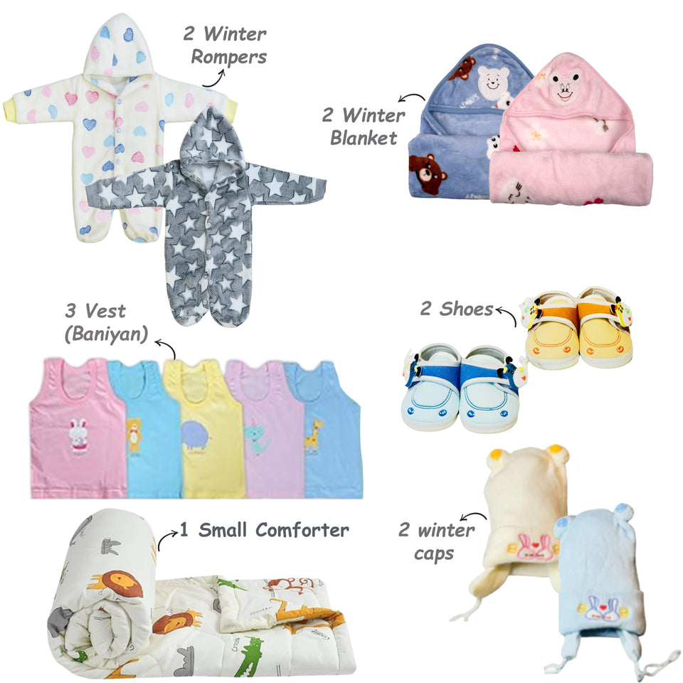 FARETO NEW BORN BABY PREMIUM QUALITY PURELY WINTER ESSENTIALS 130 IN 1 ( 0-6MONTHS)