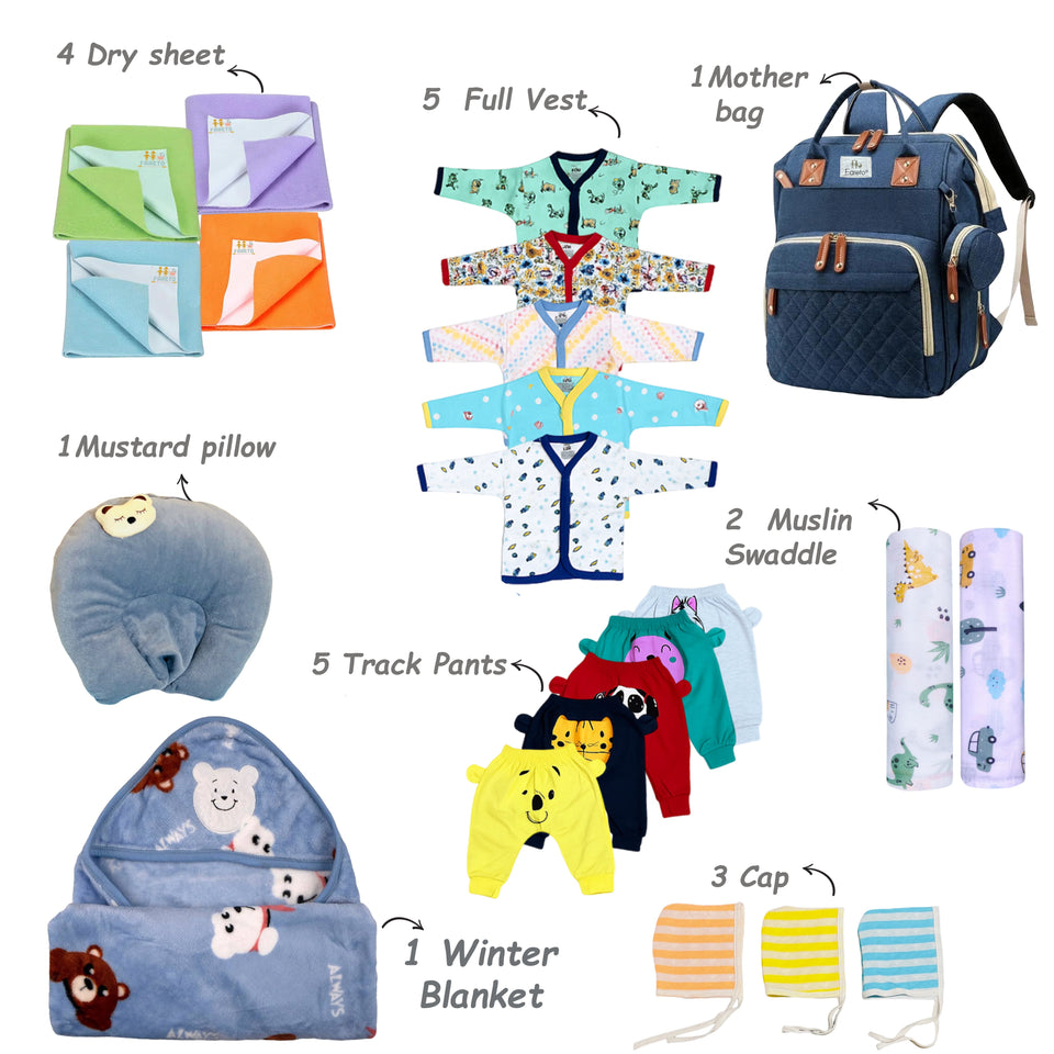 Fareto Baby Semi Winter Essential Combo For New Born | Gift Pack | Baby Products | Maternity Essentials | Bedding Set (131 Items)(0-6 Months)(F590)