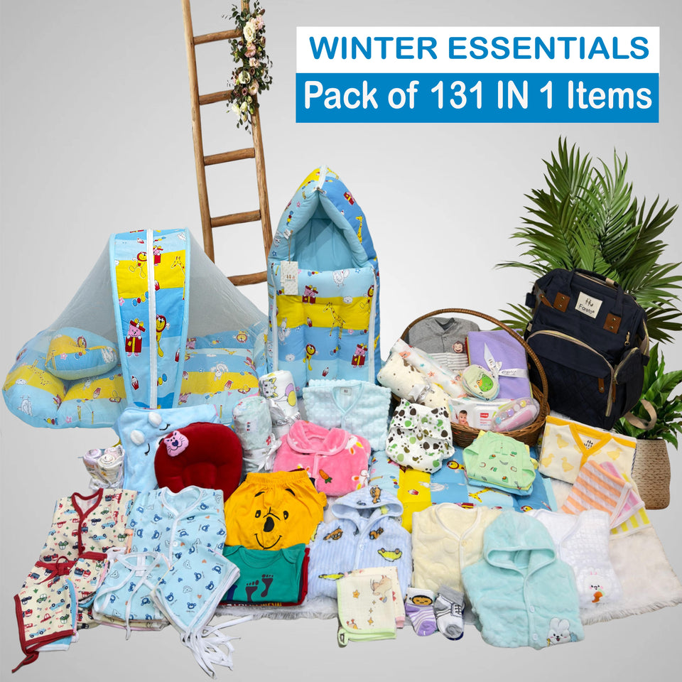 Fareto Baby Winter Essential Combo For New Born | Gift Pack | Baby Products | Maternity Essentials | Bedding Set (131 Items)(0-6 Months)(F684)