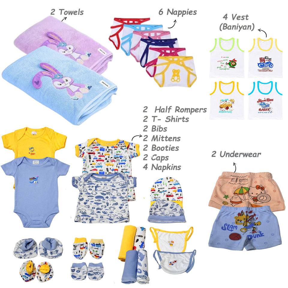 Fareto New Born Baby Twins Monsoon Season Essential Combo | 132 In 1 Items Gift Pack | Baby Bedding Set & Maternity Essentials (0–6 Months) | F754
