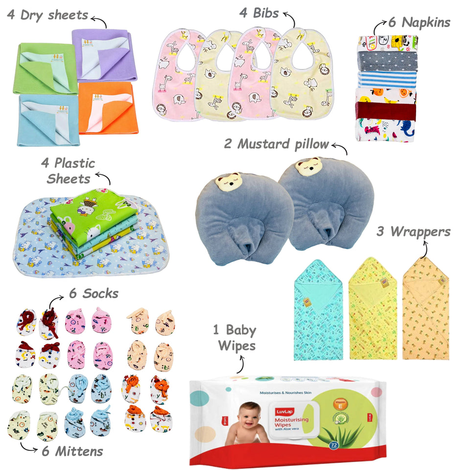 Fareto New Born Baby Twins Monsoon Season Essential Combo | 132 In 1 Items Gift Pack | Baby Bedding Set & Maternity Essentials (0–6 Months) | F754