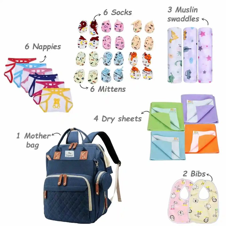 Fareto New Born Baby Premium Monsoon Season Hospital Essentials Kit 67 in 1 for Boys & Girls (0-6 Months) | Complete Newborn Care & Maternity Bag Set (0-6 MONTHS)(F369)