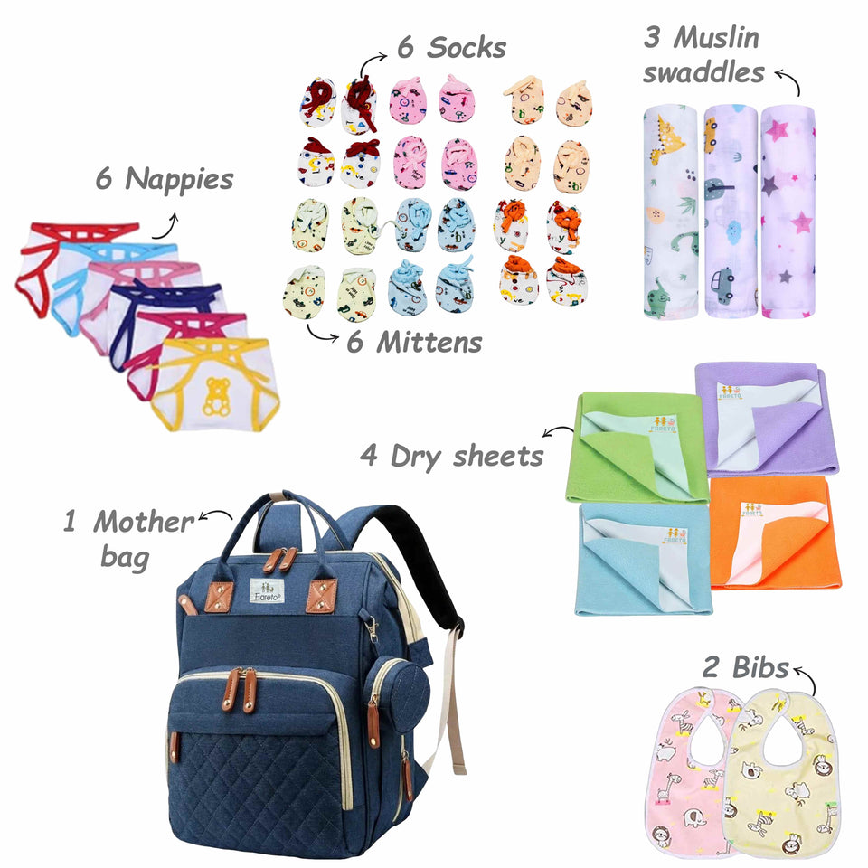 Fareto New Born Baby Premium Monsoon Season Hospital Essentials Kit 67 in 1 for Boys & Girls (0-6 Months) | Complete Newborn Care & Maternity Bag Set (0-6 MONTHS)(F759)