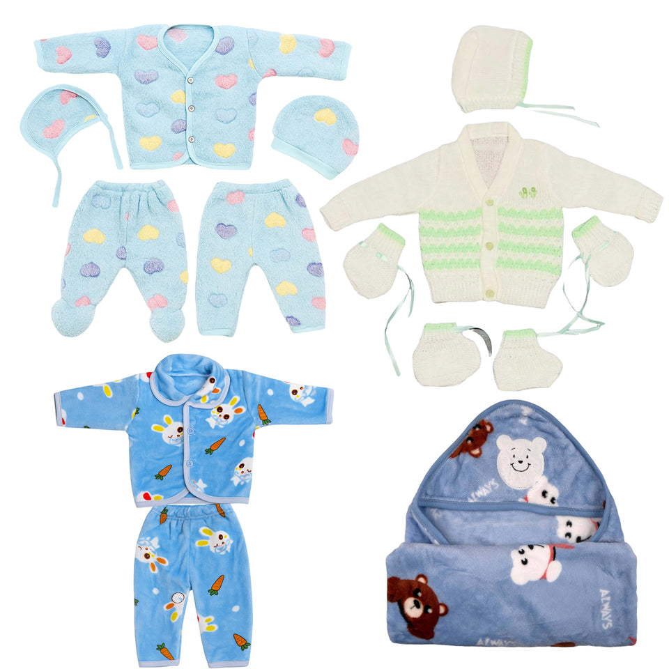 Fareto Newborn Baby Winter Clothing Combo Set – 13 in 1 Woolen & Fleece Essentials Kit for 0–6 Months | Super soft All in 1 winter clothing set | Gift Set for Newborns(F670)