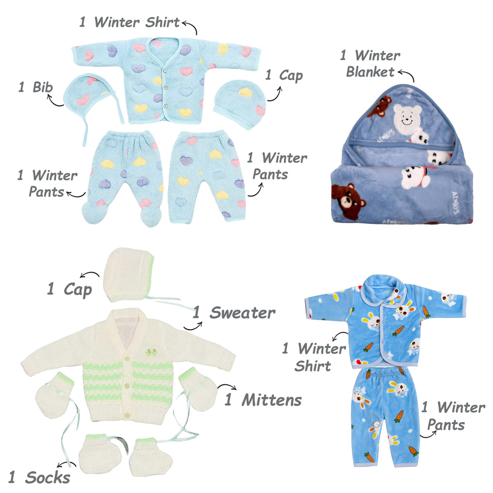 Fareto Newborn Baby Winter Clothing Combo Set – 13 in 1 Woolen & Fleece Essentials Kit for 0–6 Months | Super soft All in 1 winter clothing set | Gift Set for Newborns(F670)