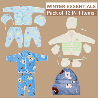 Fareto Newborn Baby Winter Clothing Combo Set – 13 in 1 Woolen & Fleece Essentials Kit for 0–6 Months | Super soft All in 1 winter clothing set | Gift Set for Newborns(F670)