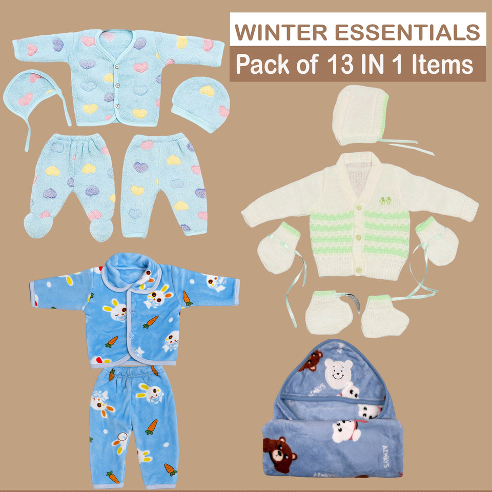 Fareto Newborn Baby Winter Clothing Combo Set – 13 in 1 Woolen & Fleece Essentials Kit for 0–6 Months | Super soft All in 1 winter clothing set | Gift Set for Newborns(F670)