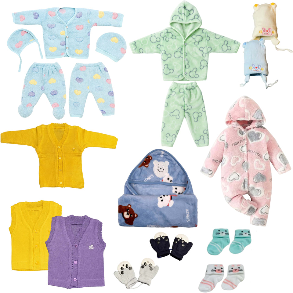 Fareto Newborn Baby Winter Clothing Combo Set – 18 in 1 Woolen & Fleece Essentials Kit for 0–6 Months | Super soft All in 1 winter clothing set | Gift Set for Newborns(F669)