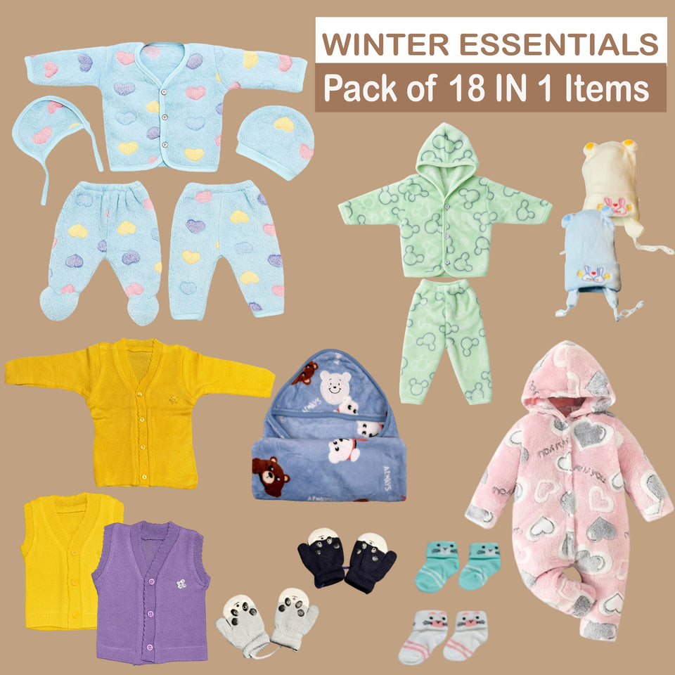 Fareto Newborn Baby Winter Clothing Combo Set – 18 in 1 Woolen & Fleece Essentials Kit for 0–6 Months | Super soft All in 1 winter clothing set | Gift Set for Newborns(F669)