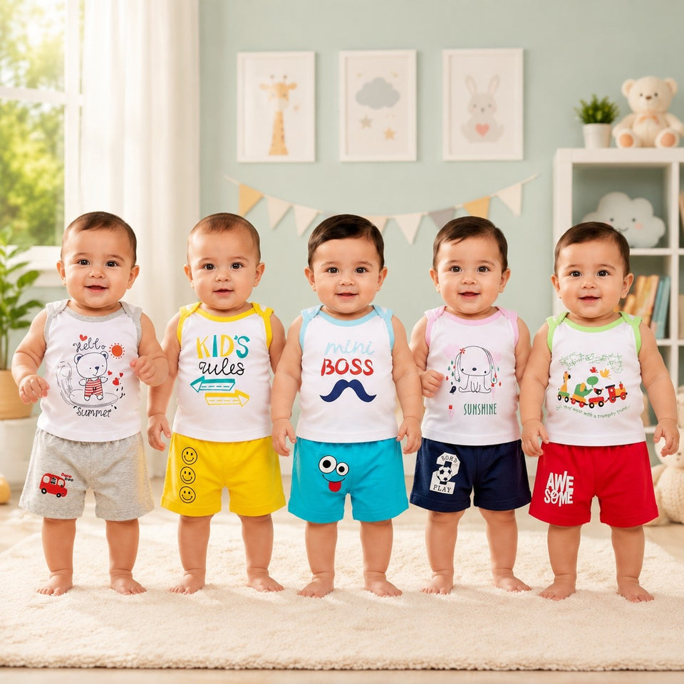 FARETO BABY & KIDS 100% COTTON SUMMER 5 SHOLDER TOUCH BUTTON WHITE T-SHIRTS & 5 NEKAR COMBO(F342)