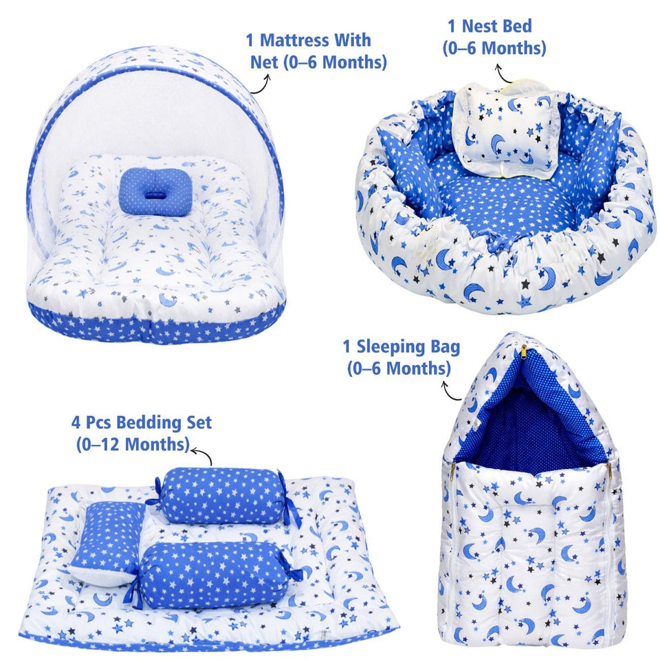 Fareto Combo of Baby Nest | Net with Bed | Carry Bag | 4 Pcs Bedding Set(0-6 Months )(F156)