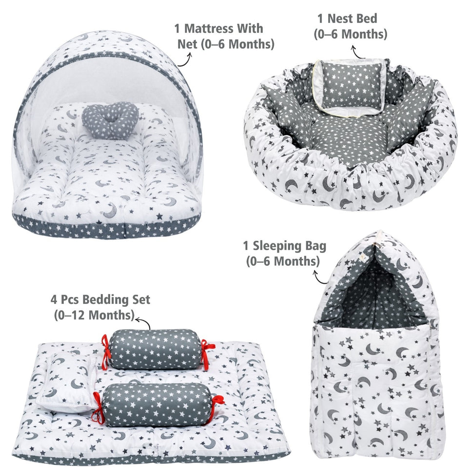 Fareto Combo of Baby Nest | Net with Bed | Carry Bag | 4 Pcs Bedding Set(0-6 Months )(F156)
