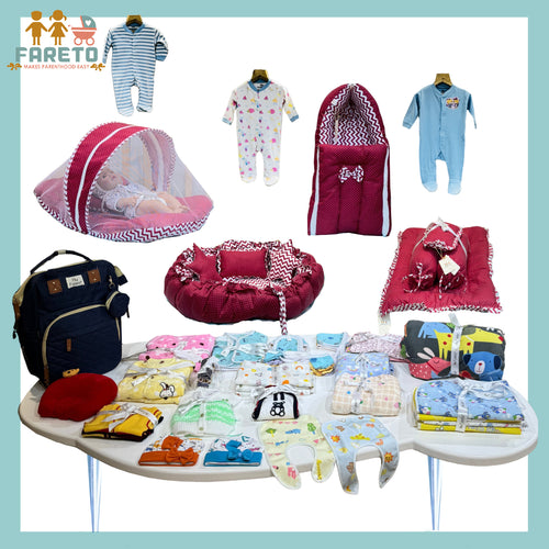 Fareto New Born Baby Hospital Essentials winter pack of 100 (0-6 months)(Red polka)