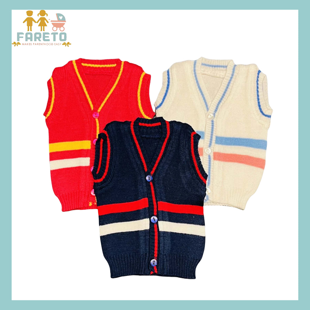 Fareto New Born Baby Sleeveless Sweater | Inner wear Sweater (0-2M)(Pack of 3)(Note: Colours & Designs May Vary)