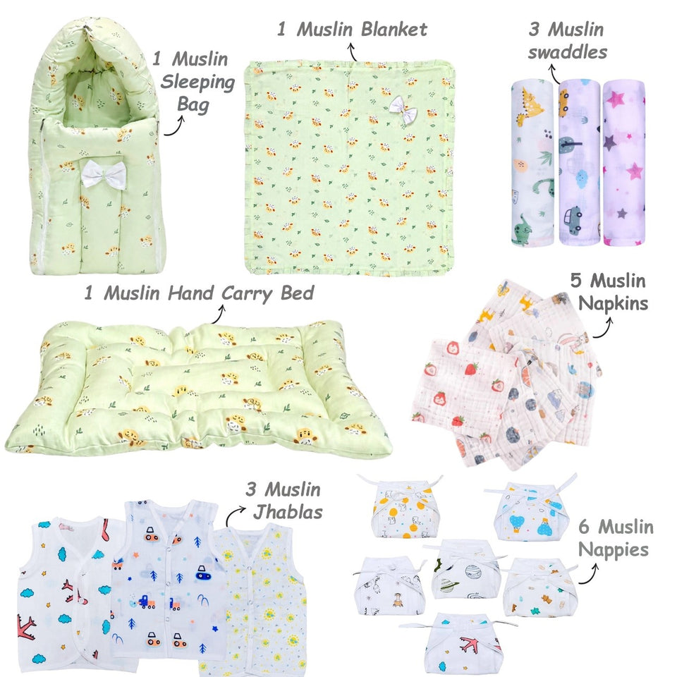 Fareto New born Baby Organic Muslin Cotton Combo set 20 In 1 (0-6 Months)(F564)Baby Bedding & Clothing Combo Set For Muslin