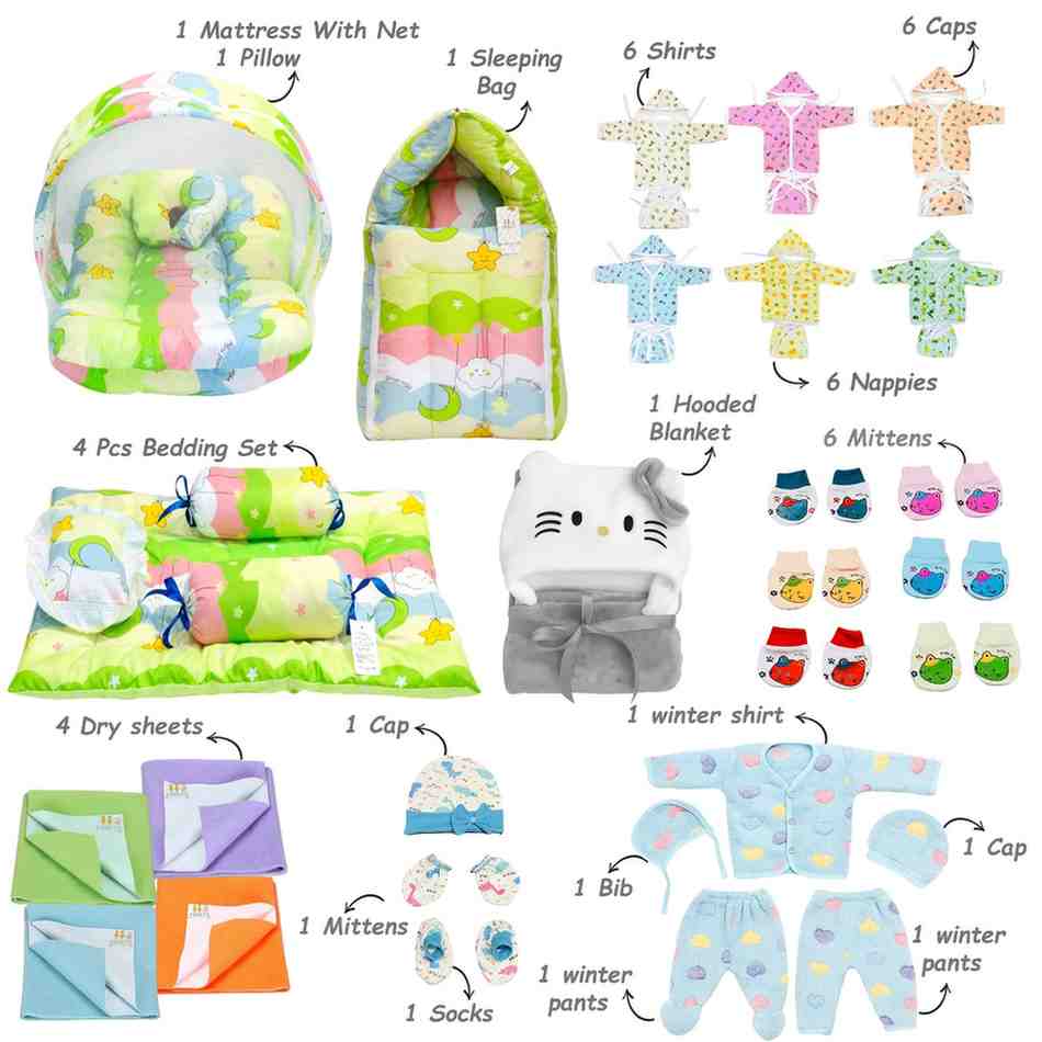 Fareto New Born Baby Monsoon Season Hospital Essentials 50 in 1 Baby Gift Set | Complete Newborn Essentials | 0-6 Months(F779)