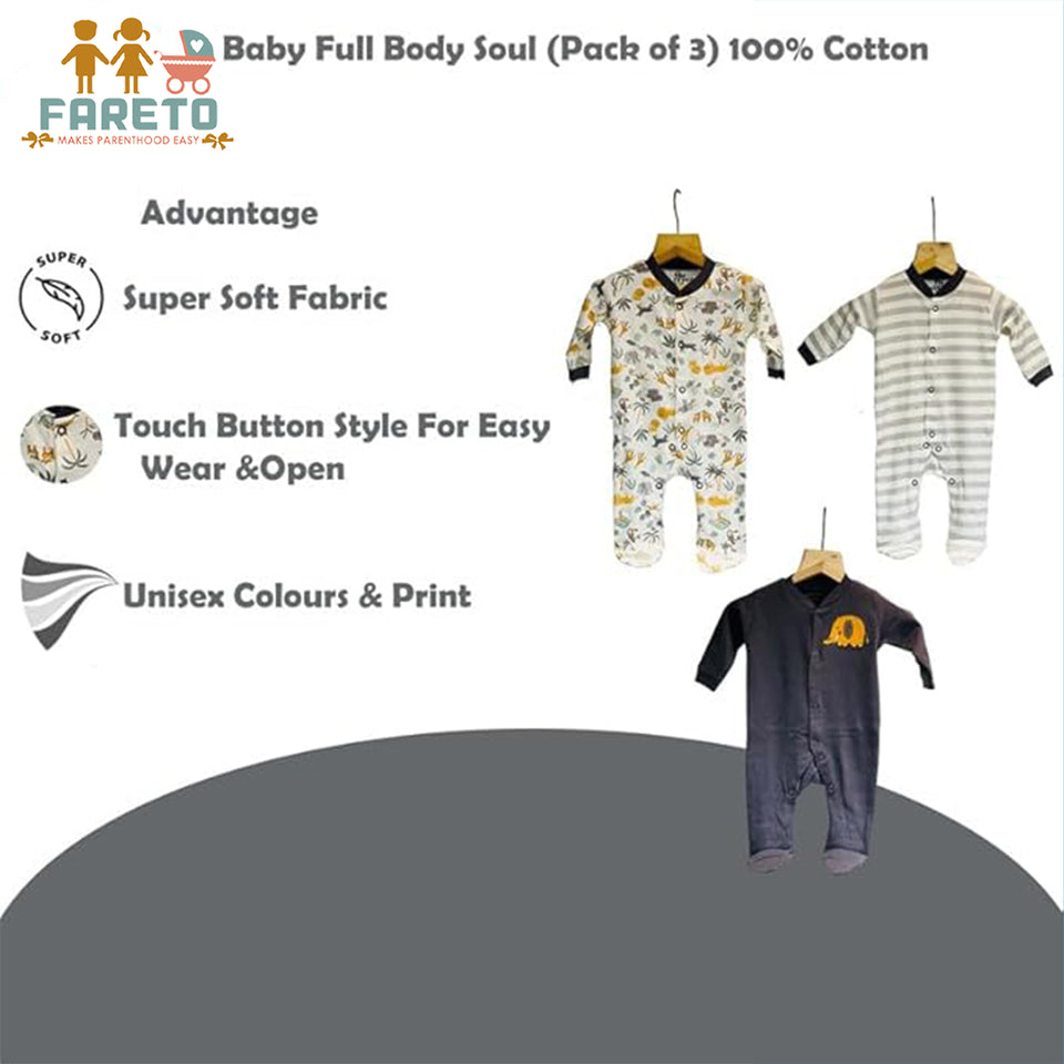 Fareto New Born Baby Full Body Rompers (Pack Of 3)(Color As Per The Availability)