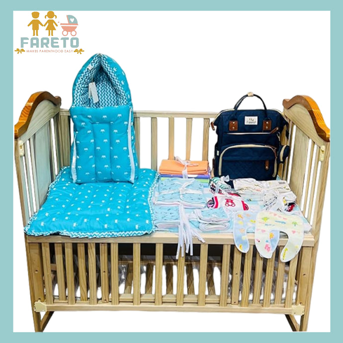 Fareto New Born Baby Premium Quality 54 In 1 Hospital Essentials Combo (0-6 Months)(Crown Blue)